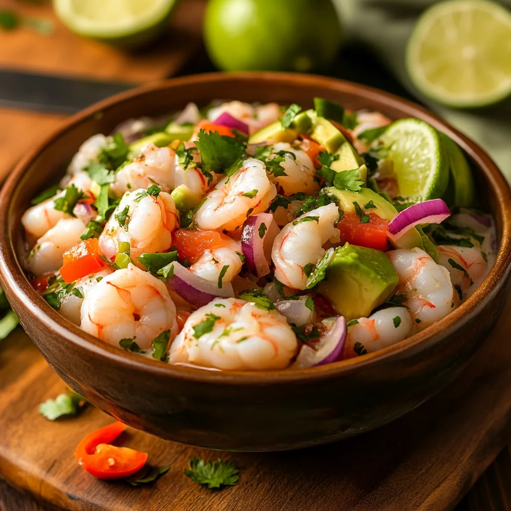 Fresh ceviche with fish and shrimp, garnished with cilantro, red onion, and avocado in a rustic kitchen setting.