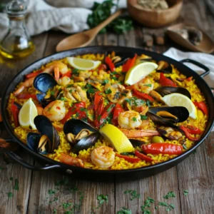 Paella served in a pan on a rustic outdoor table with fresh parsley, lemon wedges, and plates ready for serving