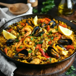 Paella served at a family dining table with saffron rice, chicken, chorizo, shrimp, and vegetables, surrounded by hands serving portions.