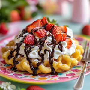 Funnel cake topped with strawberries, whipped cream, and chocolate syrup on a dessert plate