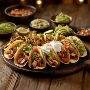 Chipotle chicken tacos with lettuce, tomatoes, and sour cream served on a rustic platter with sides of guacamole and salsa