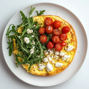 Elegant frittata with arugula, cherry tomatoes, and feta on a white plate