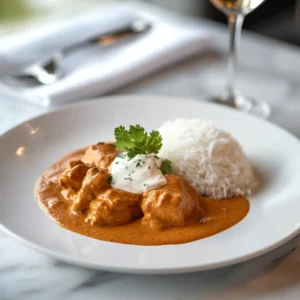 Individually plated Chicken Tikka Masala with creamy sauce, steamed rice, and cilantro garnish on a modern white plate