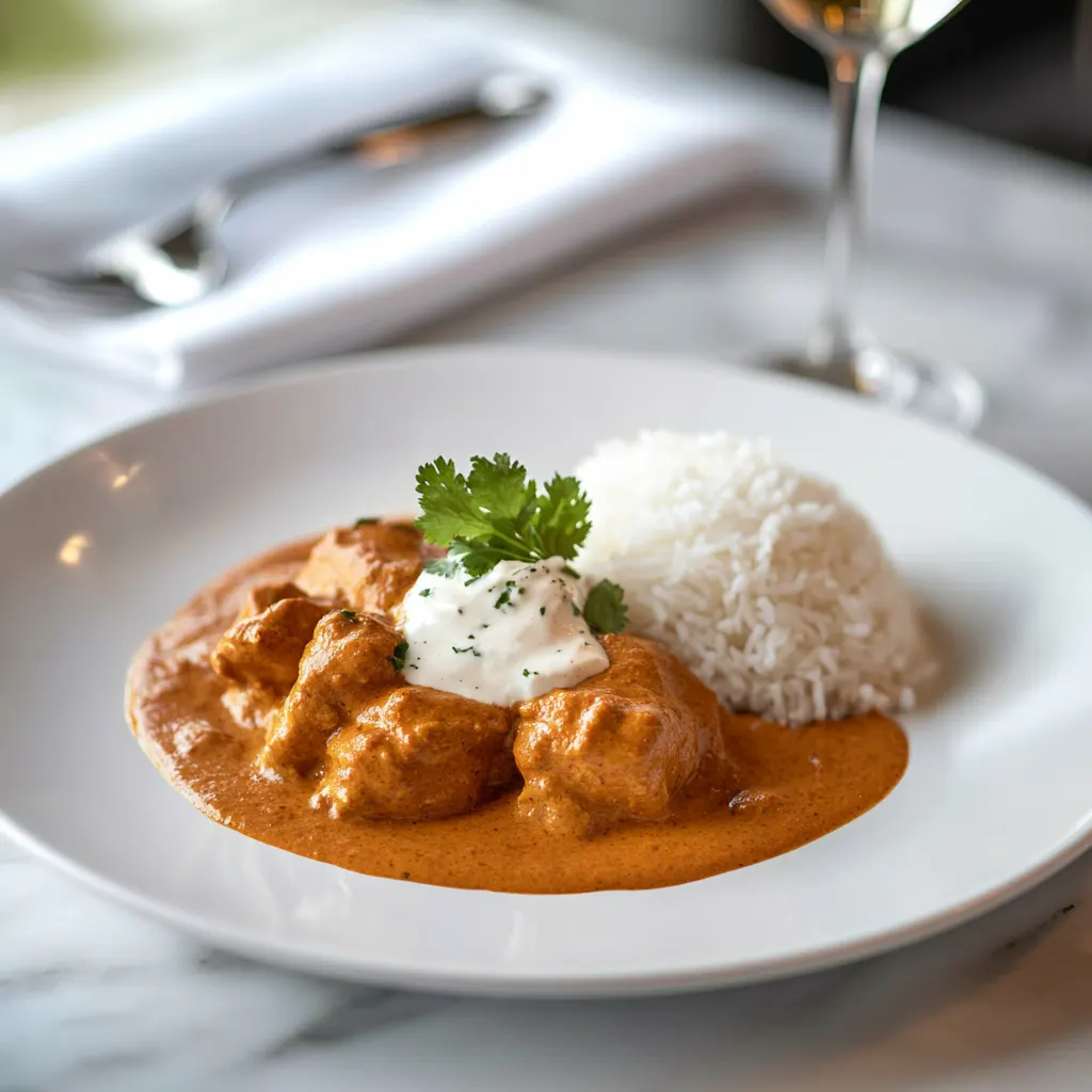 Individually plated Chicken Tikka Masala with creamy sauce, steamed rice, and cilantro garnish on a modern white plate
