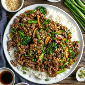 Family-style beef stir fry on a white platter surrounded by bowls of rice and garnishes on a rustic wooden table