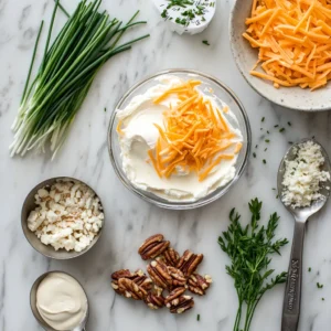 Essential cheese ball ingredients on a marble countertop: cream cheese, cheddar, chives, garlic powder, and crushed pecans
