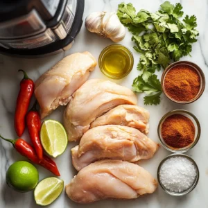 Chipotle chicken ingredients including chicken, chipotle peppers, lime, garlic, olive oil, and seasonings on a marble countertop.