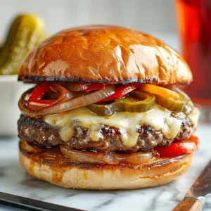 Juicy Cheesy Philly Burger topped with melted cheese, sautéed onions, and bell peppers