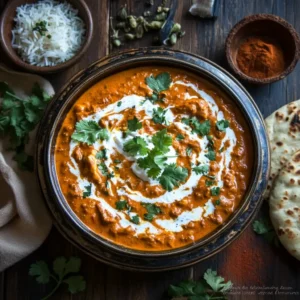 Family-style Chicken Tikka Masala in a rustic dish with naan, rice, and chutneys on a wooden dinner table