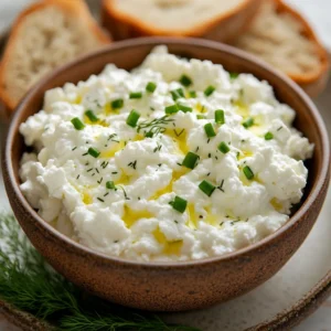 Close-up of creamy cottage cheese garnished with chives and served with crusty bread