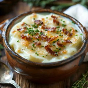 Close-up of creamy potato soup garnished with bacon, cheese, and chives in a rustic ceramic bowl.