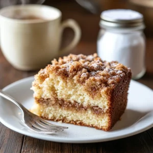 A slice of coffee cake with streusel topping on a white plate, served with a cup of coffee on a wooden table.