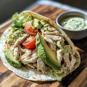Healthy chicken and avocado wrap with fresh veggies, avocado slices, and a homemade dressing on the side.
