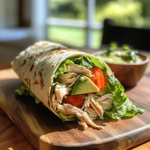 Healthy chicken and avocado wrap with fresh veggies, avocado slices