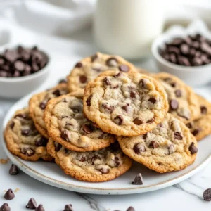 Close-up of a plate of freshly baked Toll House cookies with gooey chocolate chips and a glass of milk
