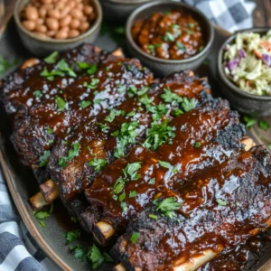 Close-up of beef ribs with a BBQ glaze served with coleslaw and baked beans