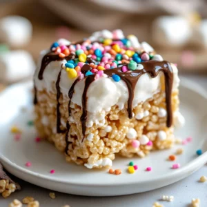 A close-up of a marshmallow Rice Krispie treat drizzled with chocolate and topped with sprinkles