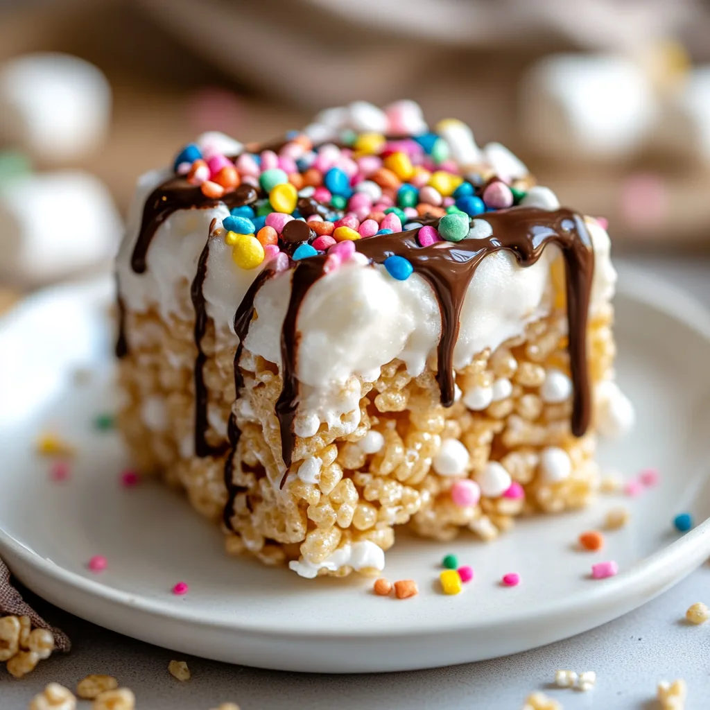 A close-up of a marshmallow Rice Krispie treat drizzled with chocolate and topped with sprinkles