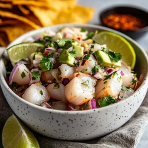 Single serving of ceviche with avocado and red onion in a white bowl, garnished with cilantro and lime