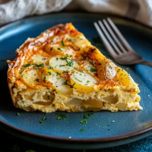 Close-up of frittata slice on a vintage blue plate