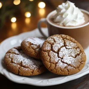 Molasses cookies on a white plate with powdered sugar, paired with hot cocoa.