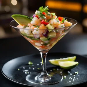Elegant ceviche served in a martini glass with avocado and chili slices, styled on a black plate with lime.