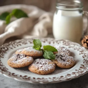Decorative plate of Toll House cookies with powdered sugar and a sprig of mint in an elegant kitchen setting.