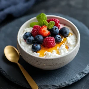 Elegant serving of cottage cheese with berries and honey, presented on a slate plate with a gold spoon.
