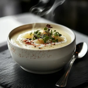 Elegant bowl of potato soup garnished with cream, microgreens, and paprika, served on a slate plate.