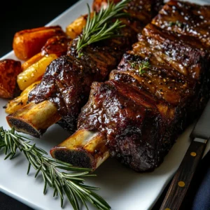 Elegant beef ribs served on a platter with rosemary and roasted vegetables.