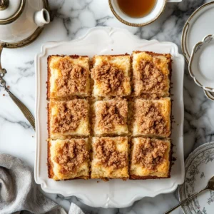 Coffee cake slices arranged on a platter, showcasing layers of streusel, with a teapot and plates on a marble countertop.