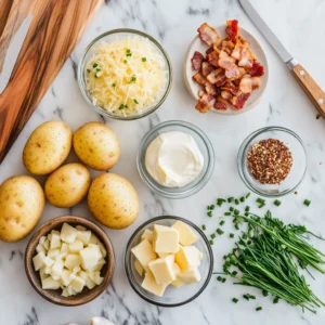 Flat-lay of potato soup ingredients, including potatoes, onions, garlic, cream, and garnishes, on a marble countertop.