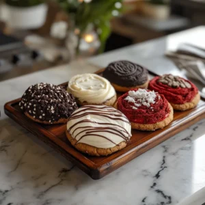 A wooden tray holding four Crumbl Cookies in various flavors, placed on a marble countertop in a cozy kitchen setting