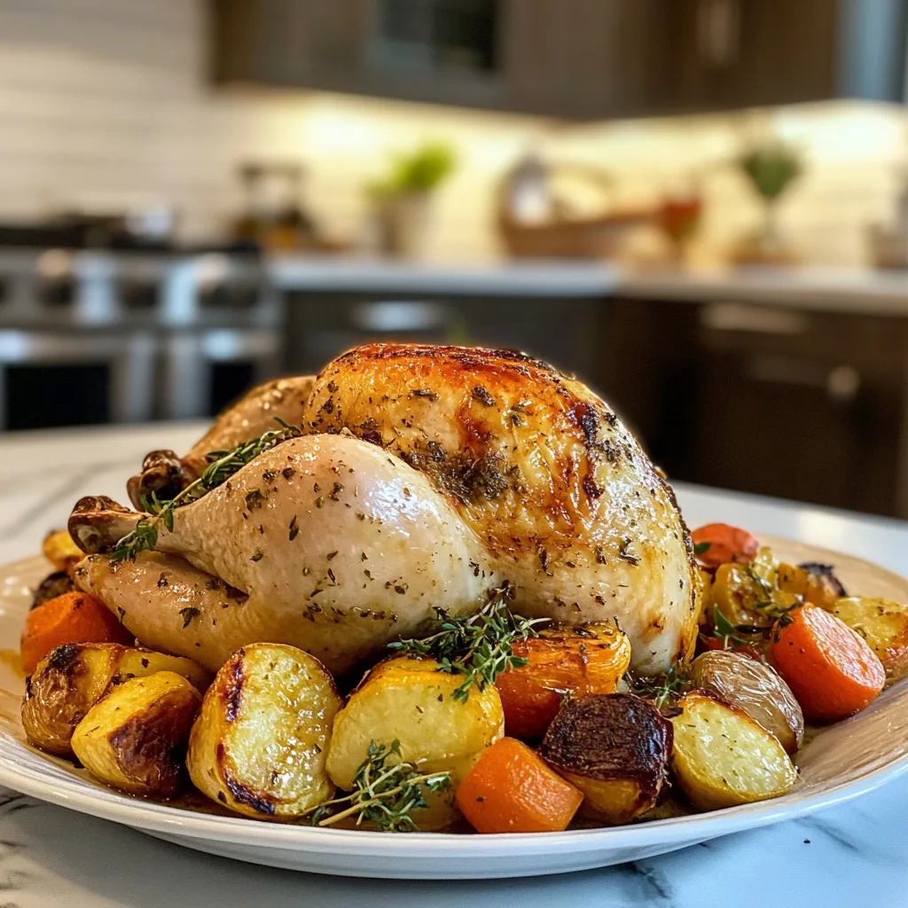 Golden roasted chicken on a white platter with roasted vegetables and fresh herbs in a modern kitchen setting.