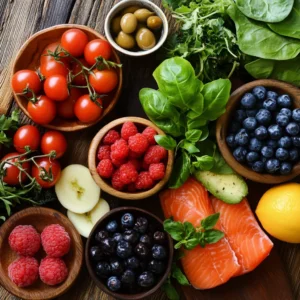 A variety of fresh ingredients including cherry tomatoes, raspberries, blueberries, spinach, salmon, avocado, olives, and a lemon, set on a wooden surface.