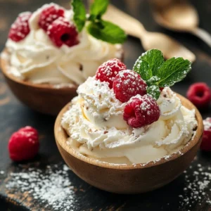 A creamy dessert topped with raspberries, mint leaves, and powdered sugar, served in wooden bowls with scattered raspberries on a dark wooden surface.