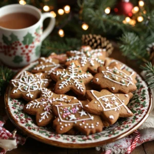 Festively decorated molasses cookies on a holiday platter with pine and fairy lights.