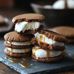 Molasses cookie ice cream sandwiches drizzled with caramel sauce on a slate tray
