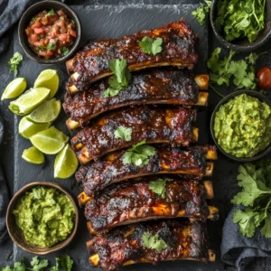 Overhead view of beef ribs garnished with lime and cilantro, served with guacamole and salsa.