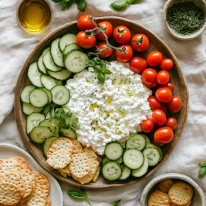 Family-style platter of cottage cheese with fresh vegetables and crackers, served as a colorful appetizer.