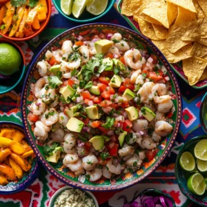 Family-style platter of ceviche with tomatoes, avocado, and lime, served with tortilla and plantain chips