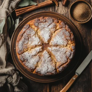 Whole coffee cake with powdered sugar on a ceramic plate, surrounded by baking elements on a rustic wooden table