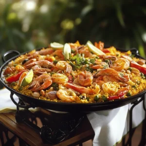 Traditional paella with saffron rice, seafood, and chicken in a paella pan on a rustic table, garnished with parsley and lemon wedges