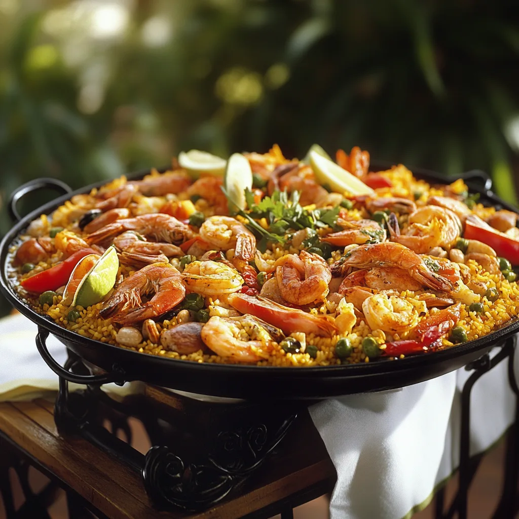 Traditional paella with saffron rice, seafood, and chicken in a paella pan on a rustic table, garnished with parsley and lemon wedges