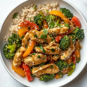 Rotisserie chicken stir-fry with colorful vegetables and brown rice, garnished with sesame seeds and fresh herbs