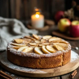A full cinnamon apple cake on a wooden board with apple slices and powdered sugar