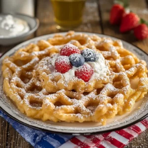 Funnel cake topped with strawberries, whipped cream on a dessert plate.