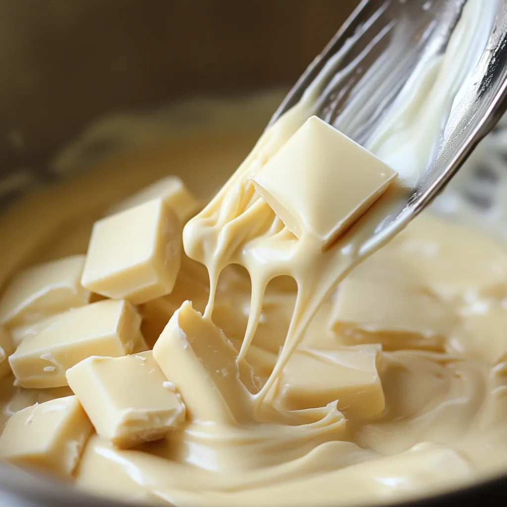 Close-up of white chocolate melting into a smooth, creamy texture with a spatula lifting melted pieces.