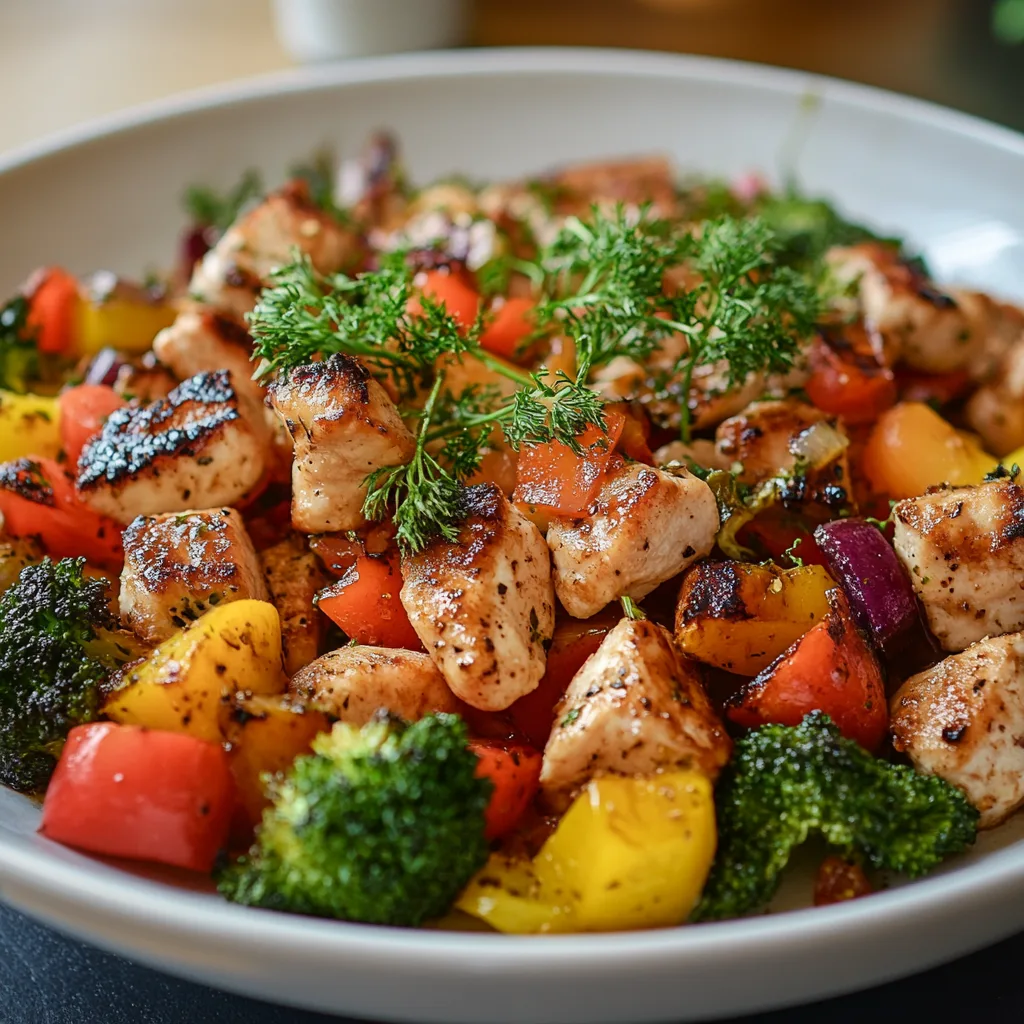 Grilled chicken pieces served with colorful roasted vegetables, including broccoli, bell peppers, and red onions, garnished with fresh parsley.