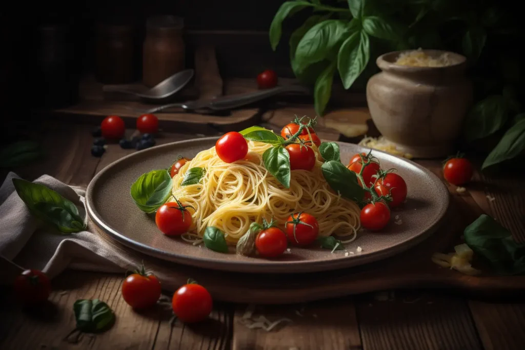 Capellini pasta with cherry tomatoes, basil, and parmesan on a rustic plate